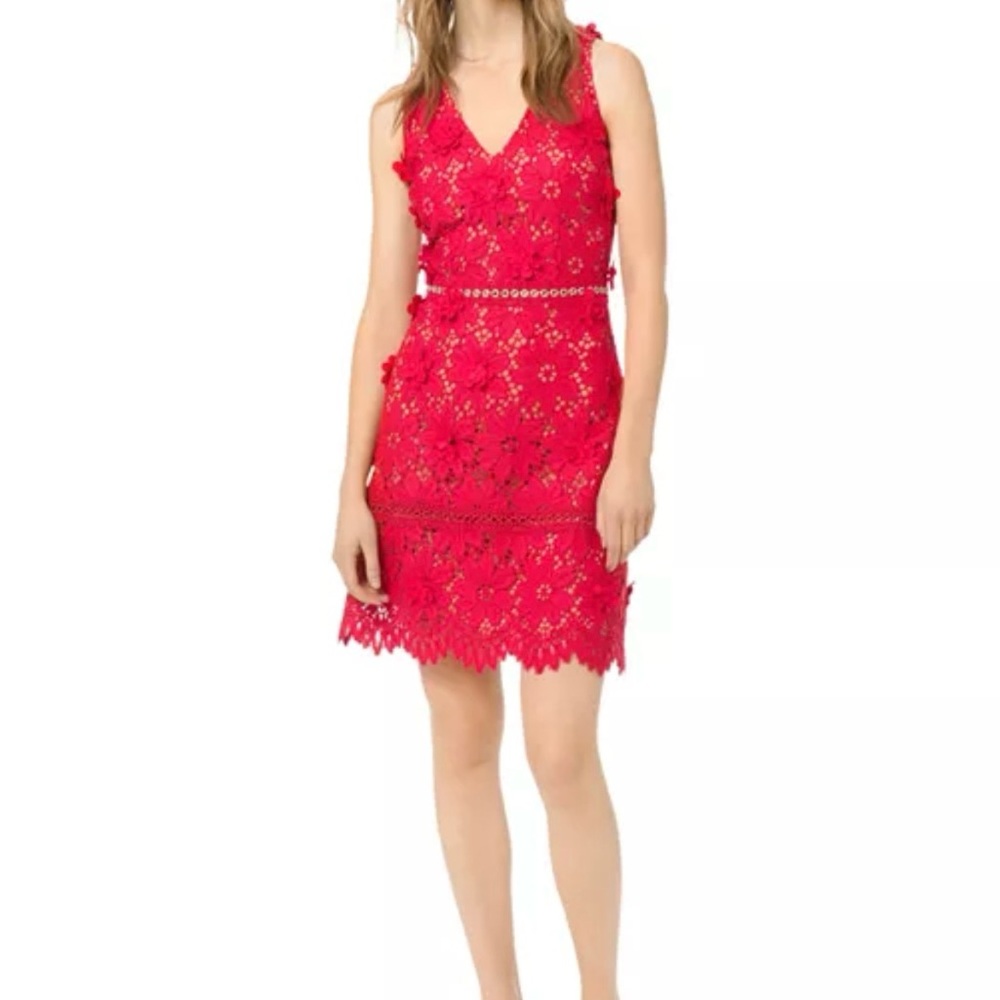 Michael Kors Scarlet Red Floral Appliqué Lace Dress